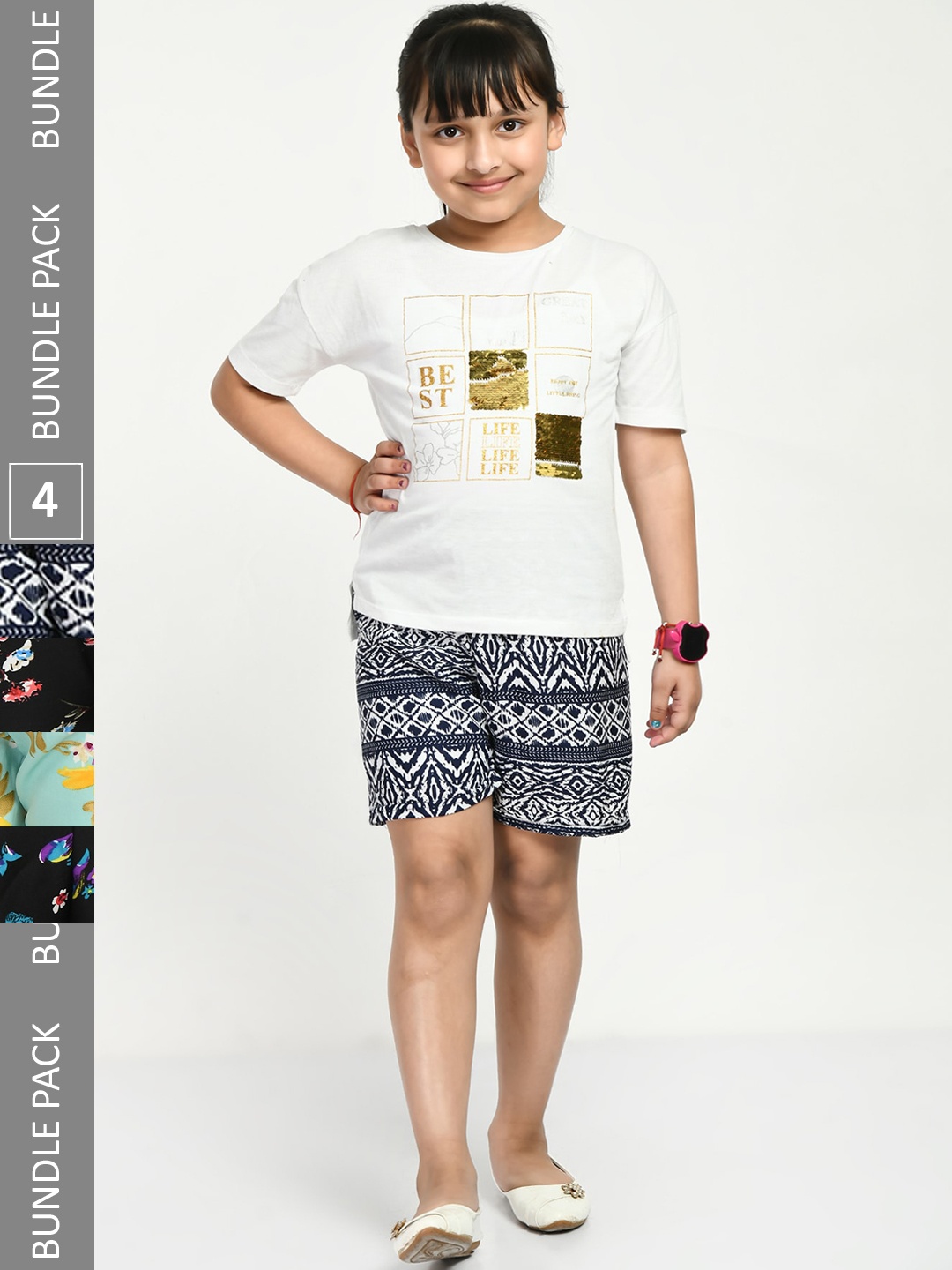 

IndiWeaves Girls Pack Of 4 Floral Printed High-Rise Shorts, White