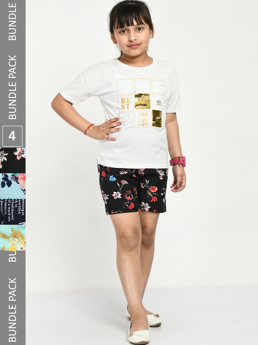 

IndiWeaves Girls Pack Of 4 Printed High-Rise Shorts, Black
