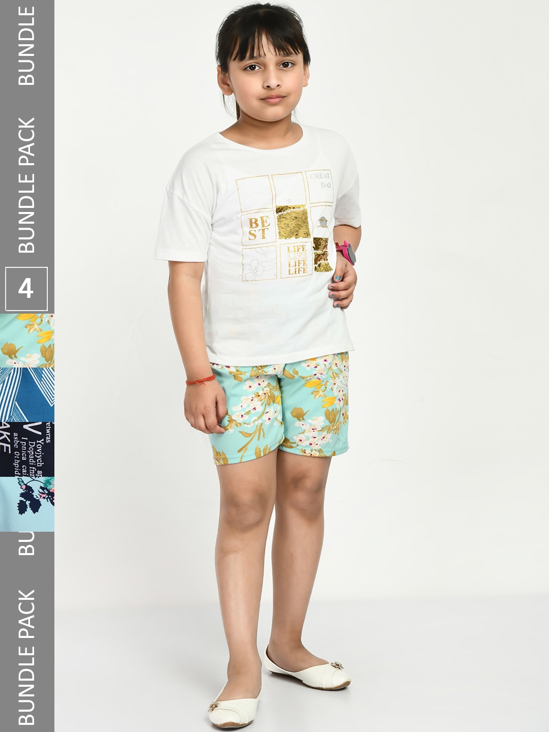 

IndiWeaves Girls Pack Of 4 Floral Printed High-Rise Shorts, Green