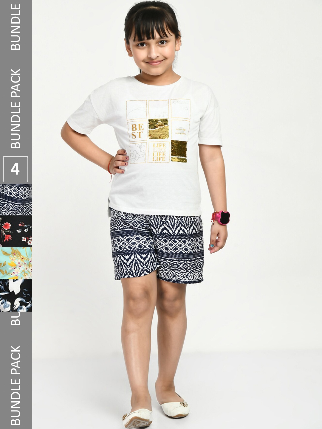 

IndiWeaves Girls Pack Of 4 Printed High-Rise Shorts, Black