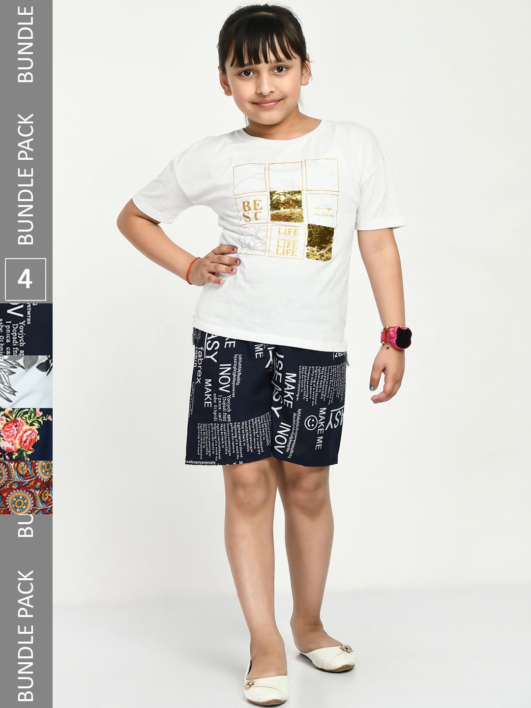 

IndiWeaves Girls Pack Of 4 Printed High-Rise Crepe Shorts, Navy blue