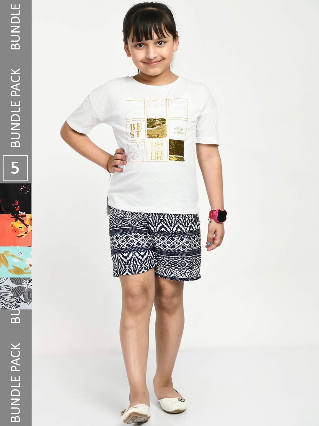 

IndiWeaves Girls Pack Of 5 Printed High-Rise Shorts, Black