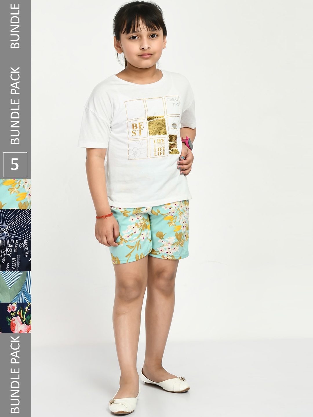 

IndiWeaves Girls Pack Of 5 Floral Printed High-Rise Shorts, Sea green