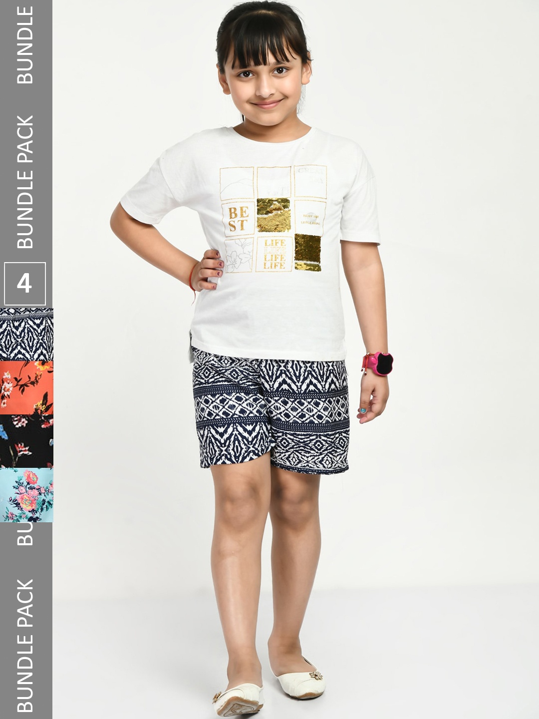 

IndiWeaves Girls Pack Of 4 Printed High-Rise Shorts, Black