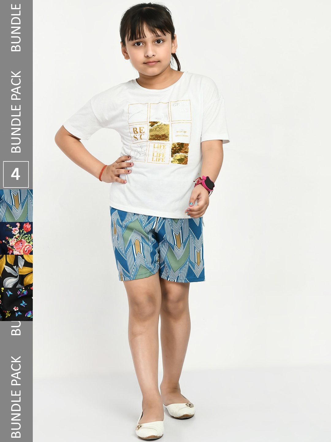 

IndiWeaves Girls Pack of 4 Printed High-Rise Shorts, Blue
