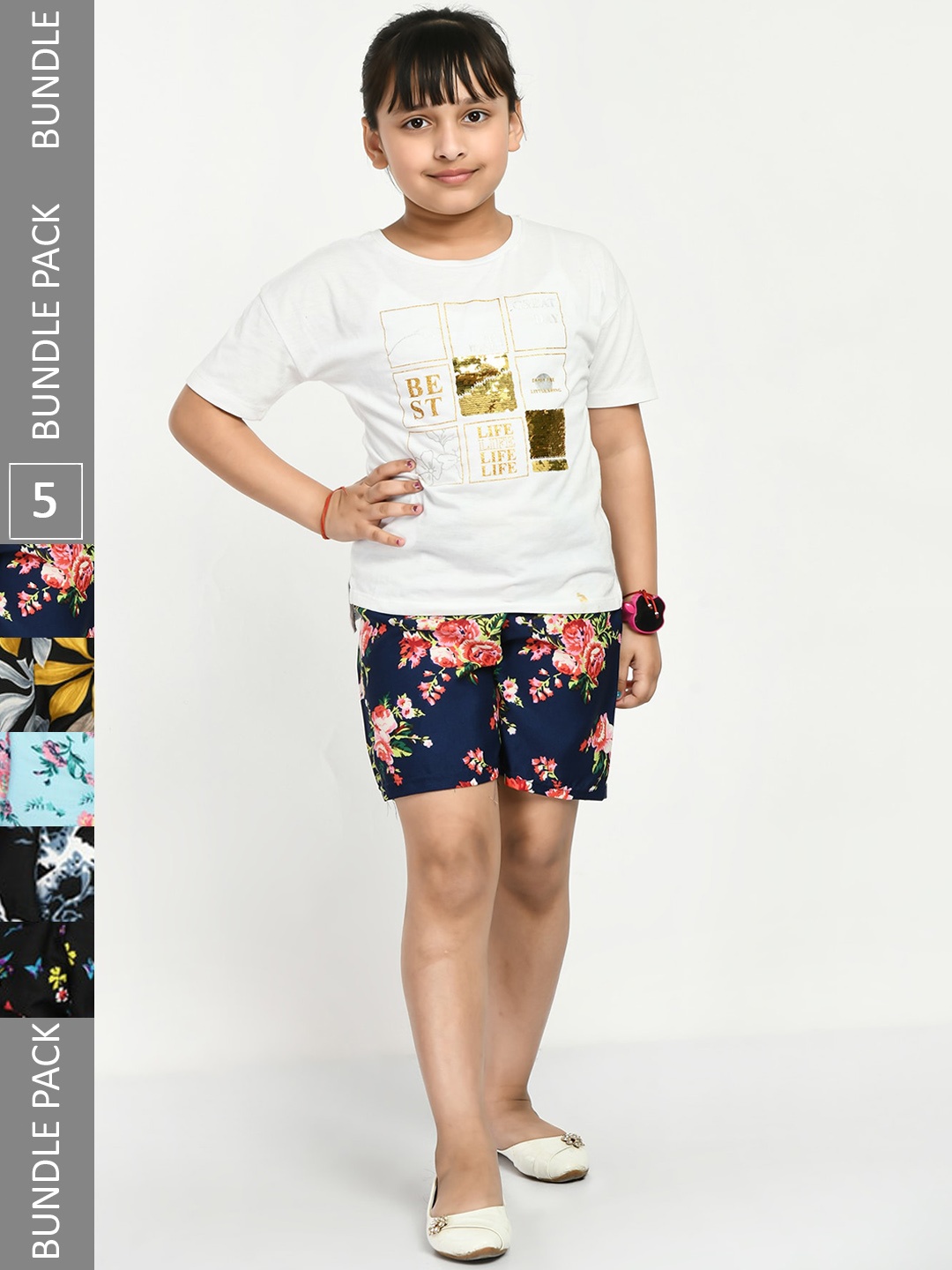 

IndiWeaves Girls Pack Of 5 Floral Printed High-Rise Shorts, Navy blue