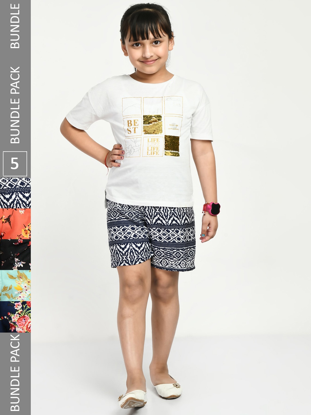 

IndiWeaves Girls Pack Of 5 Printed High-Rise Shorts, Black