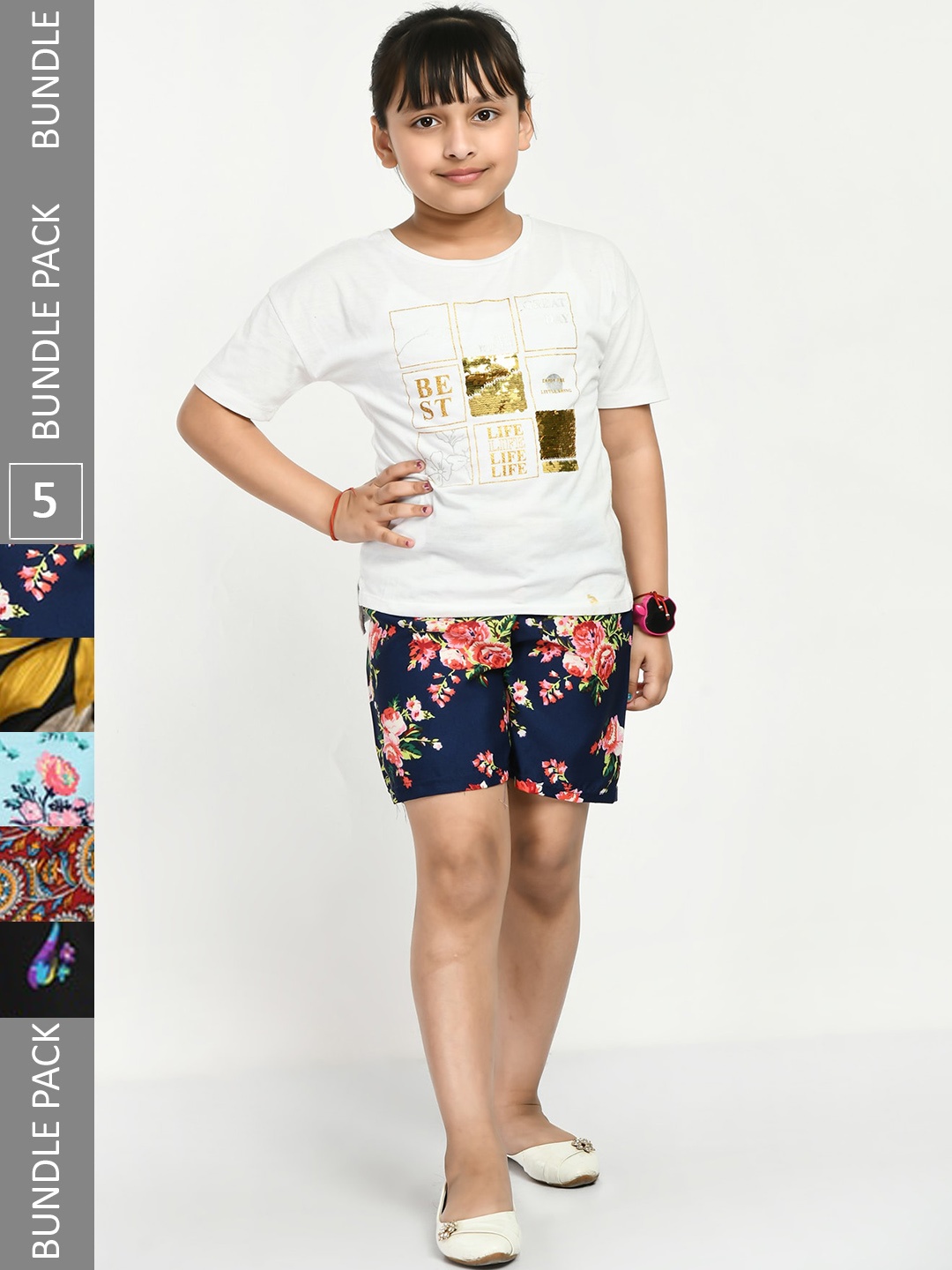 

IndiWeaves Girls Pack Of 5 Floral Printed High-Rise Shorts, Navy blue