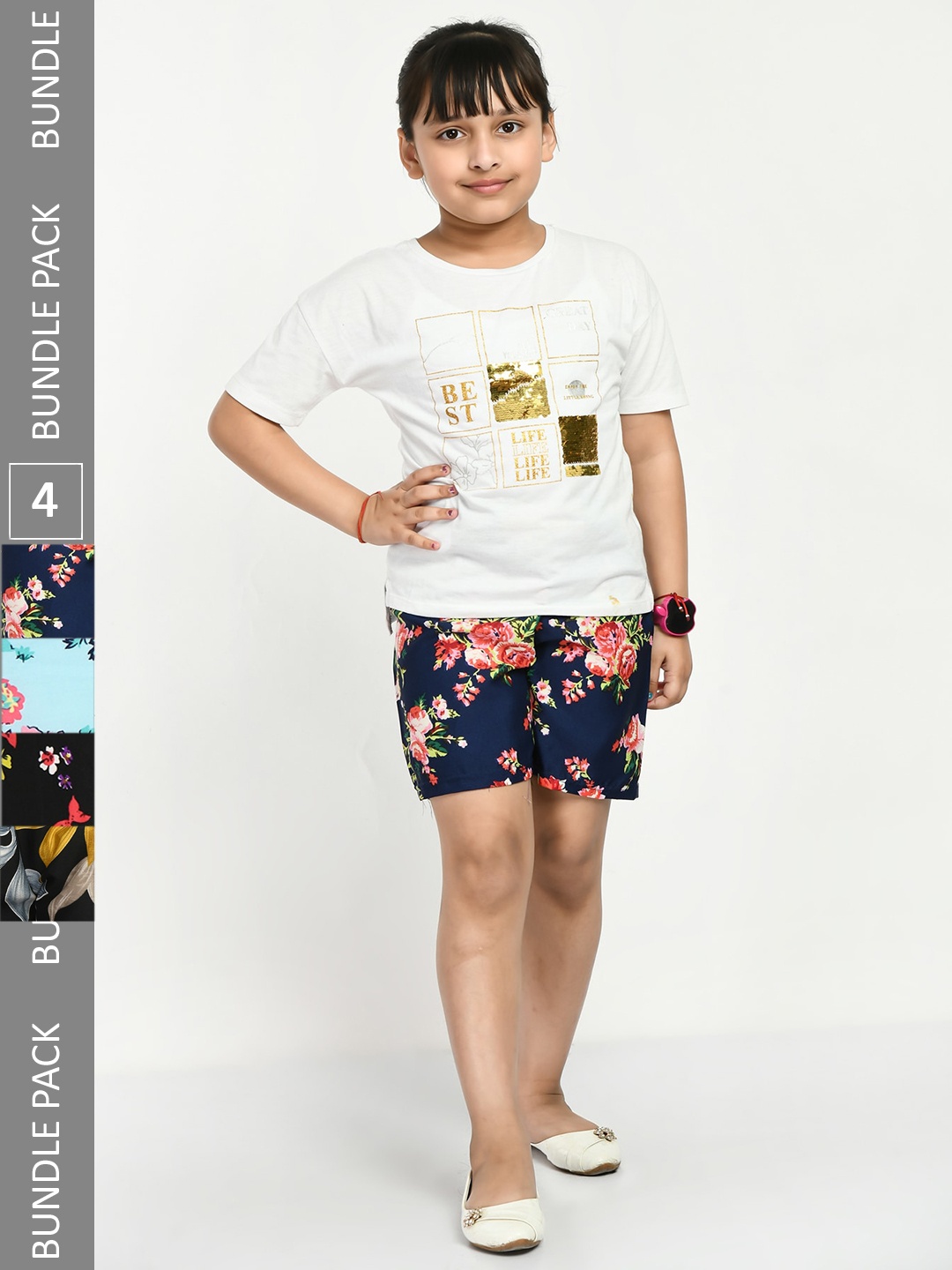 

IndiWeaves Girls Pack Of 4 Floral Printed High-Rise Shorts, Navy blue