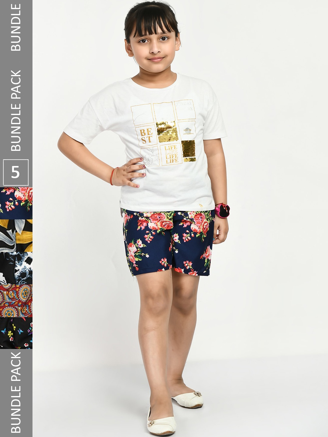 

IndiWeaves Girls Pack Of 5 Floral Printed High-Rise Shorts, Navy blue