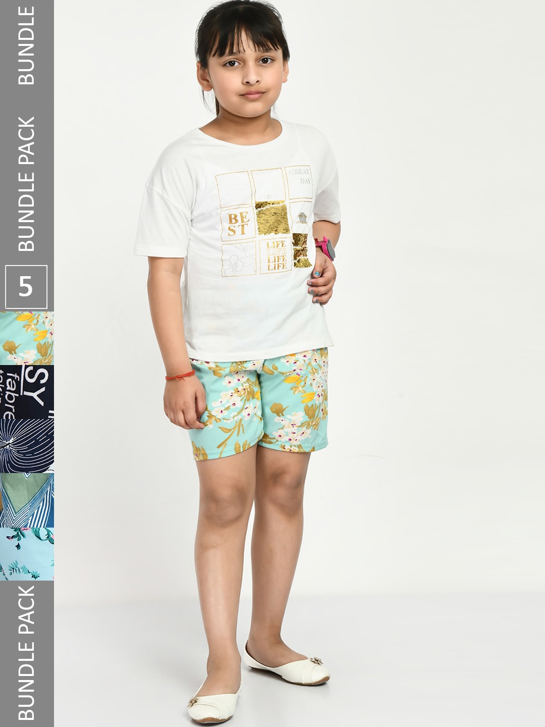 

IndiWeaves Girls Pack Of 5 Floral Printed High-Rise Shorts, Sea green