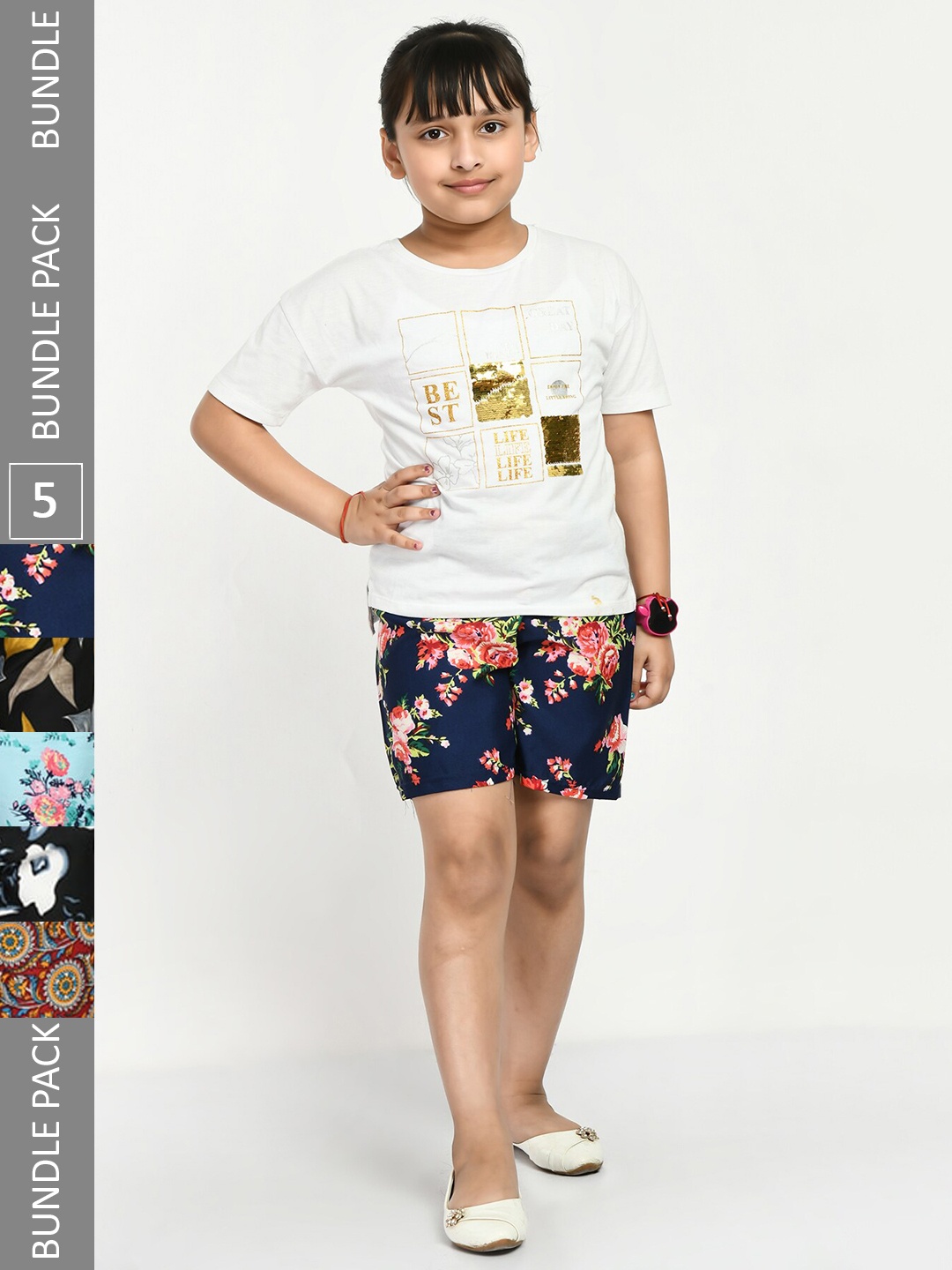 

IndiWeaves Girls Pack Of 5 Printed Mid-Rise Shorts, Navy blue