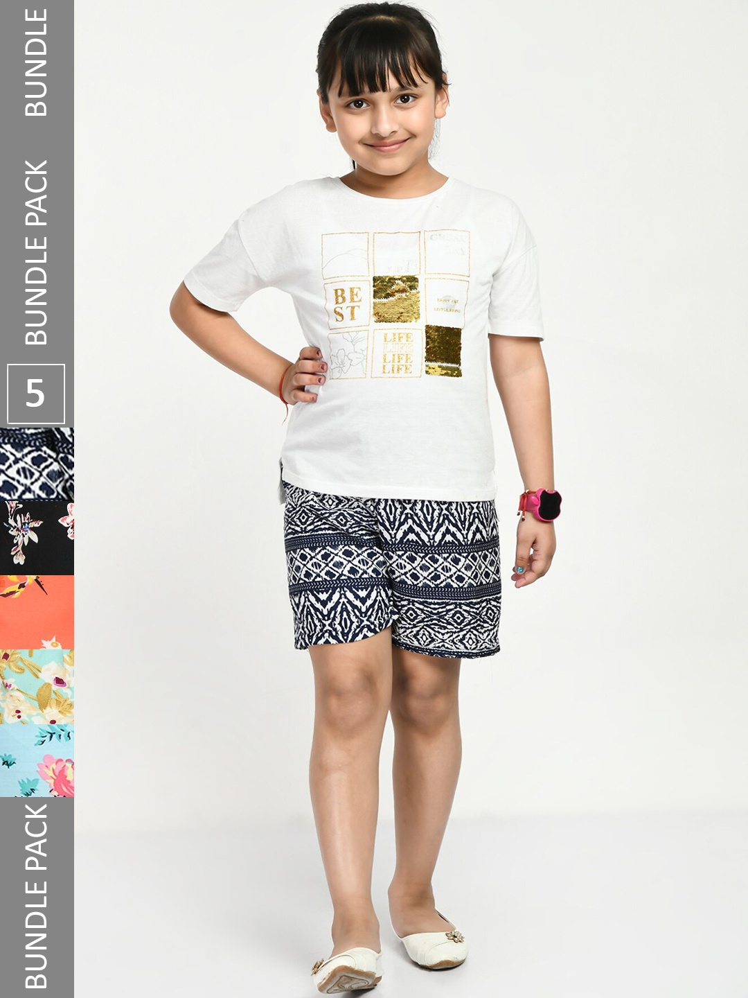 

IndiWeaves Girls Pack Of 5 Printed Mid-Rise Shorts, Black
