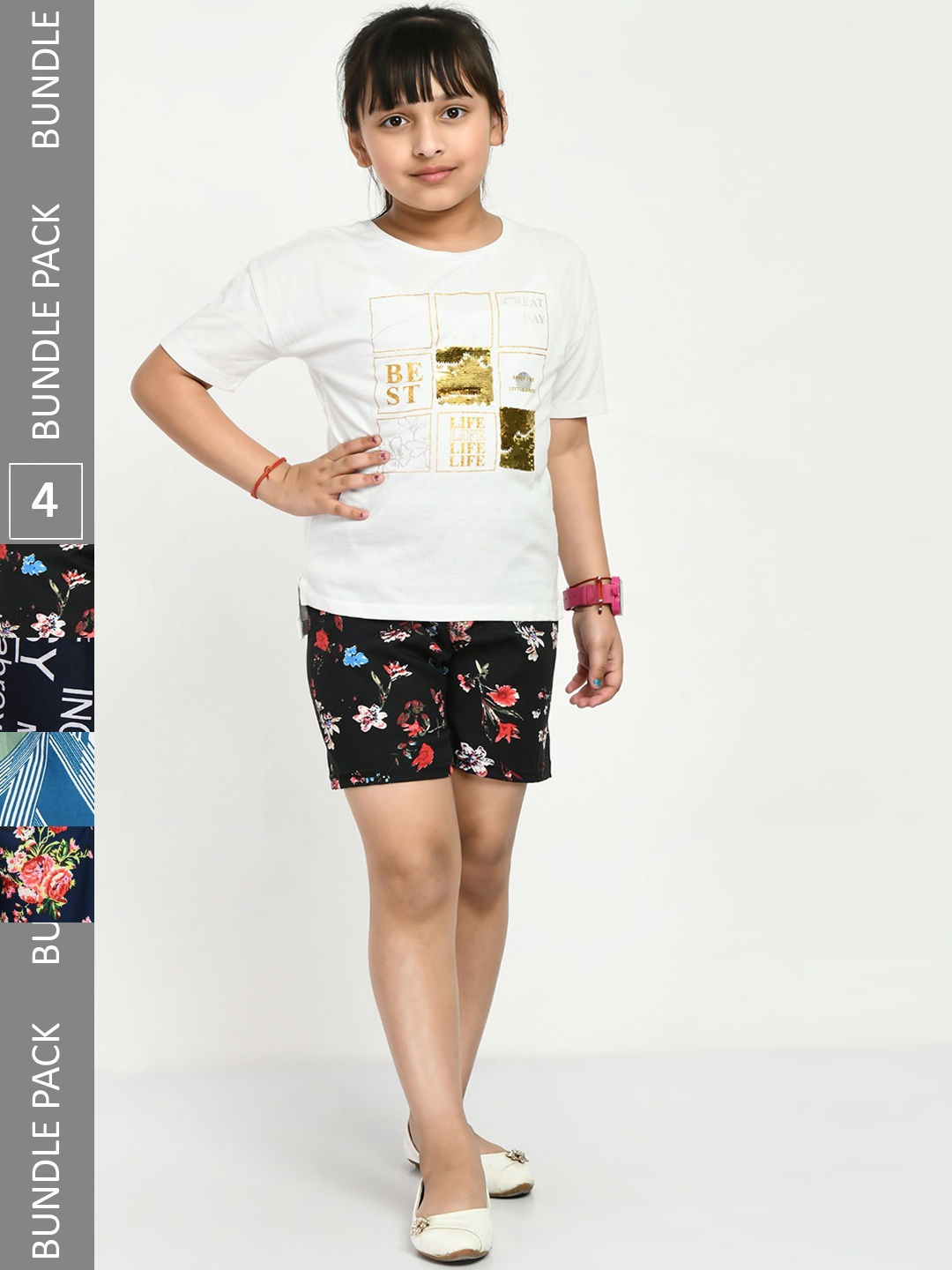 IndiWeaves Girls Pack Of 4 Printed High-Rise Shorts, Black