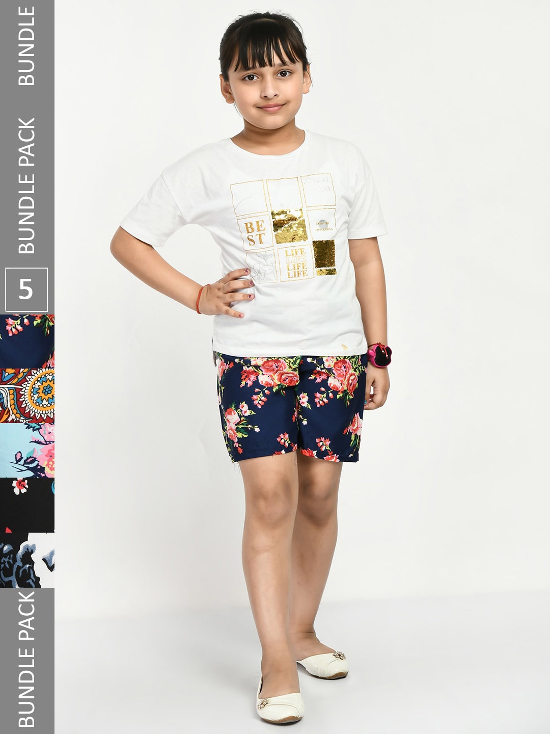 

IndiWeaves Girls Pack of 5 Floral Printed High-Rise Shorts, Blue