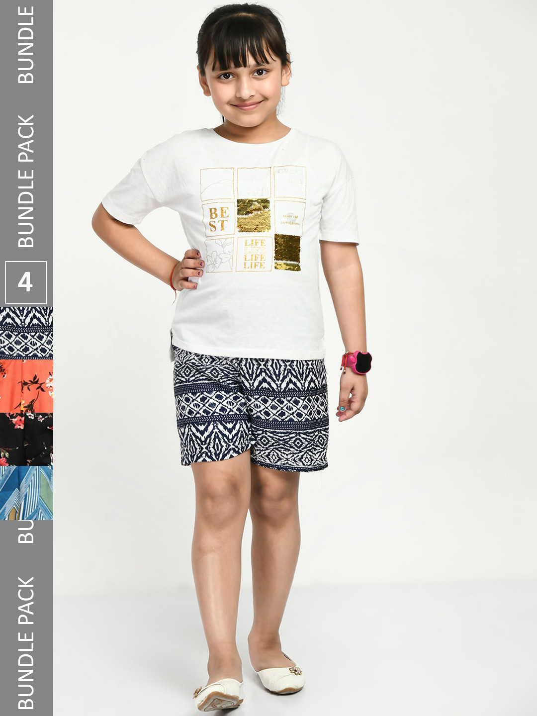 

IndiWeaves Girls Pack of 4 Printed High-Rise Shorts, Navy blue