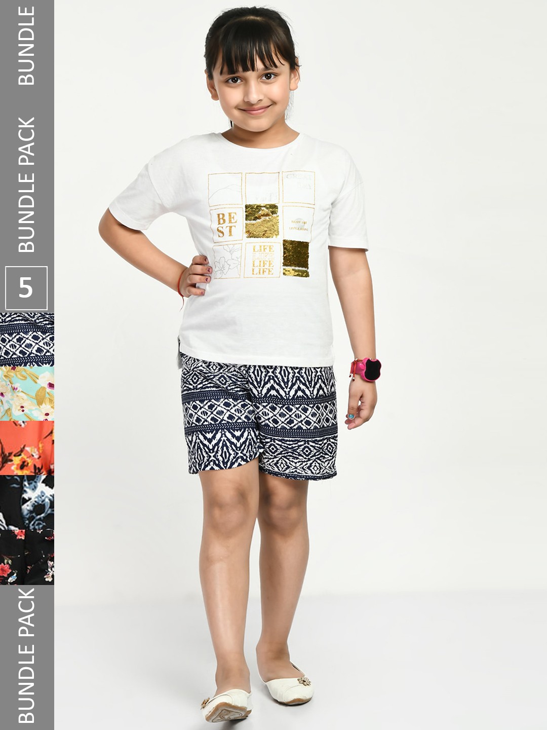 

IndiWeaves Girls Pack of 5 Printed High-Rise Shorts, Blue