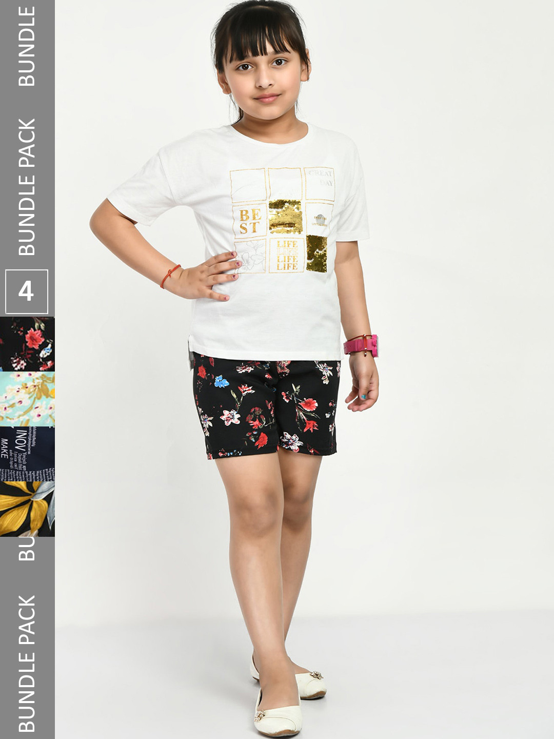 

IndiWeaves Girls Pack Of 4 Printed High-Rise Shorts, Black