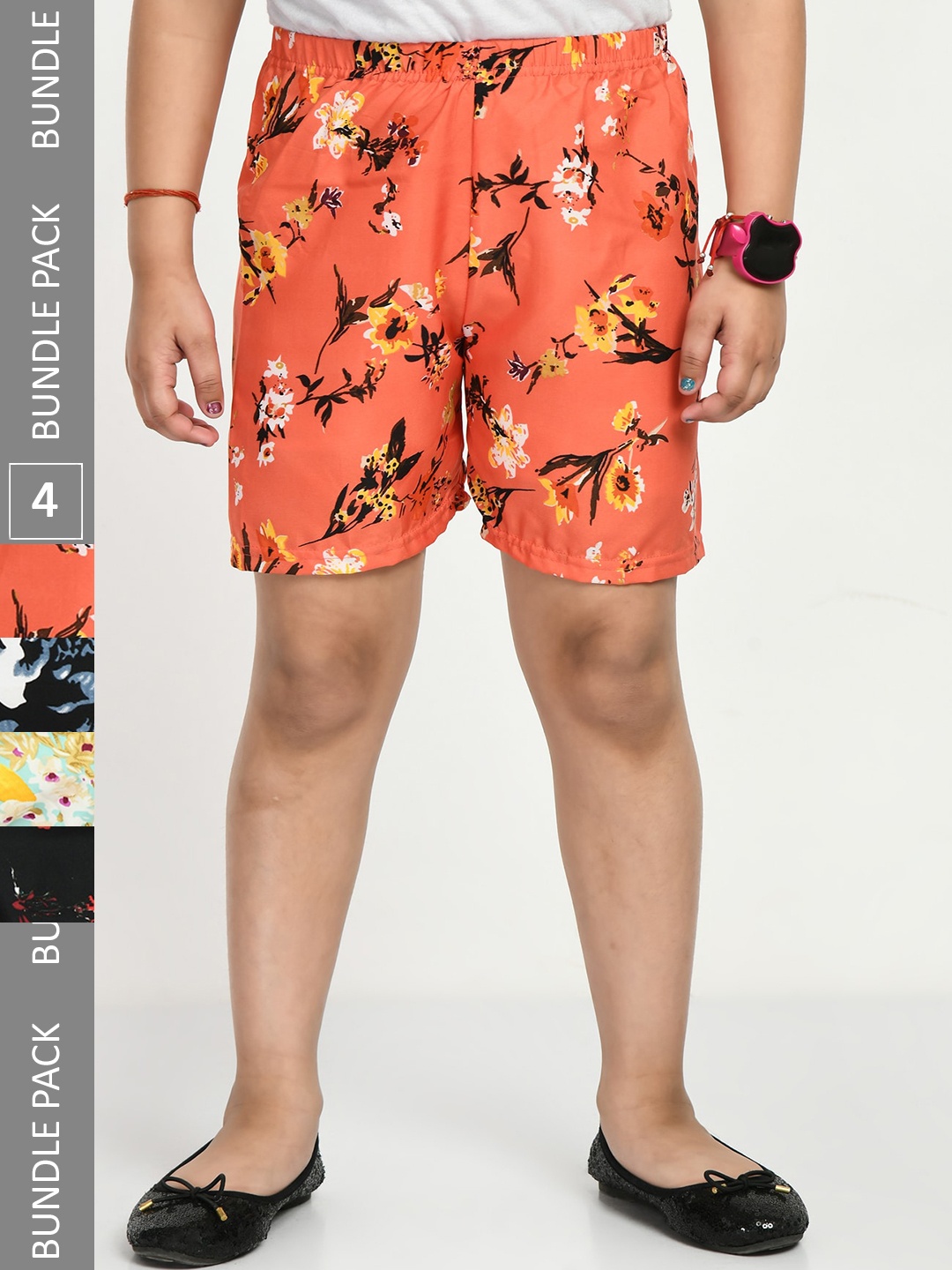 

IndiWeaves Girls Pack Of 4 Printed Mid-Rise Shorts, Orange