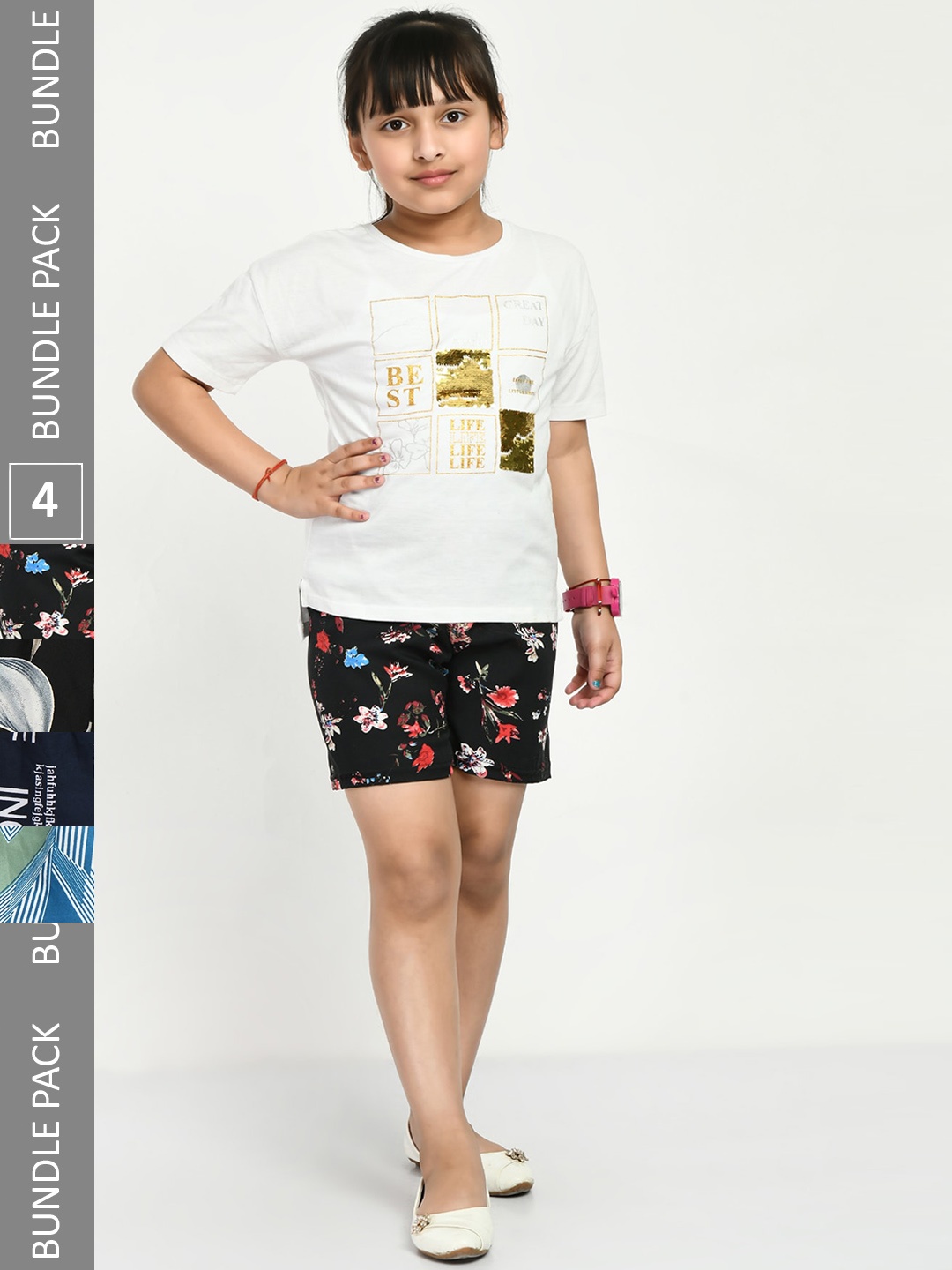 

IndiWeaves Girls Pack Of 4 Floral Printed High-Rise Shorts, Black