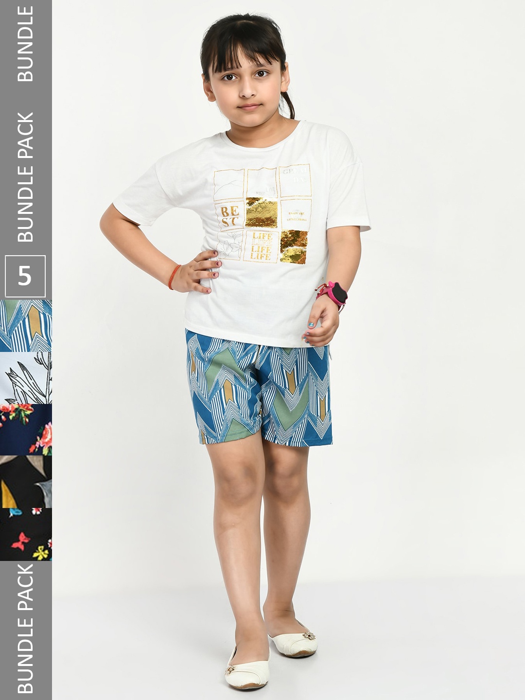 

IndiWeaves Girls Pack Of 5 Graphic Printed Mid-Rise Shorts, Navy blue