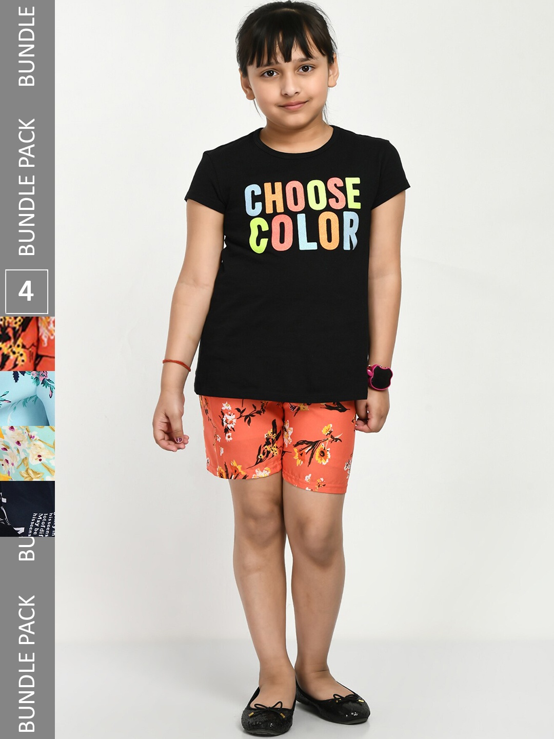 

IndiWeaves Girls Pack Of 4 Floral Printed High-Rise Shorts, Orange