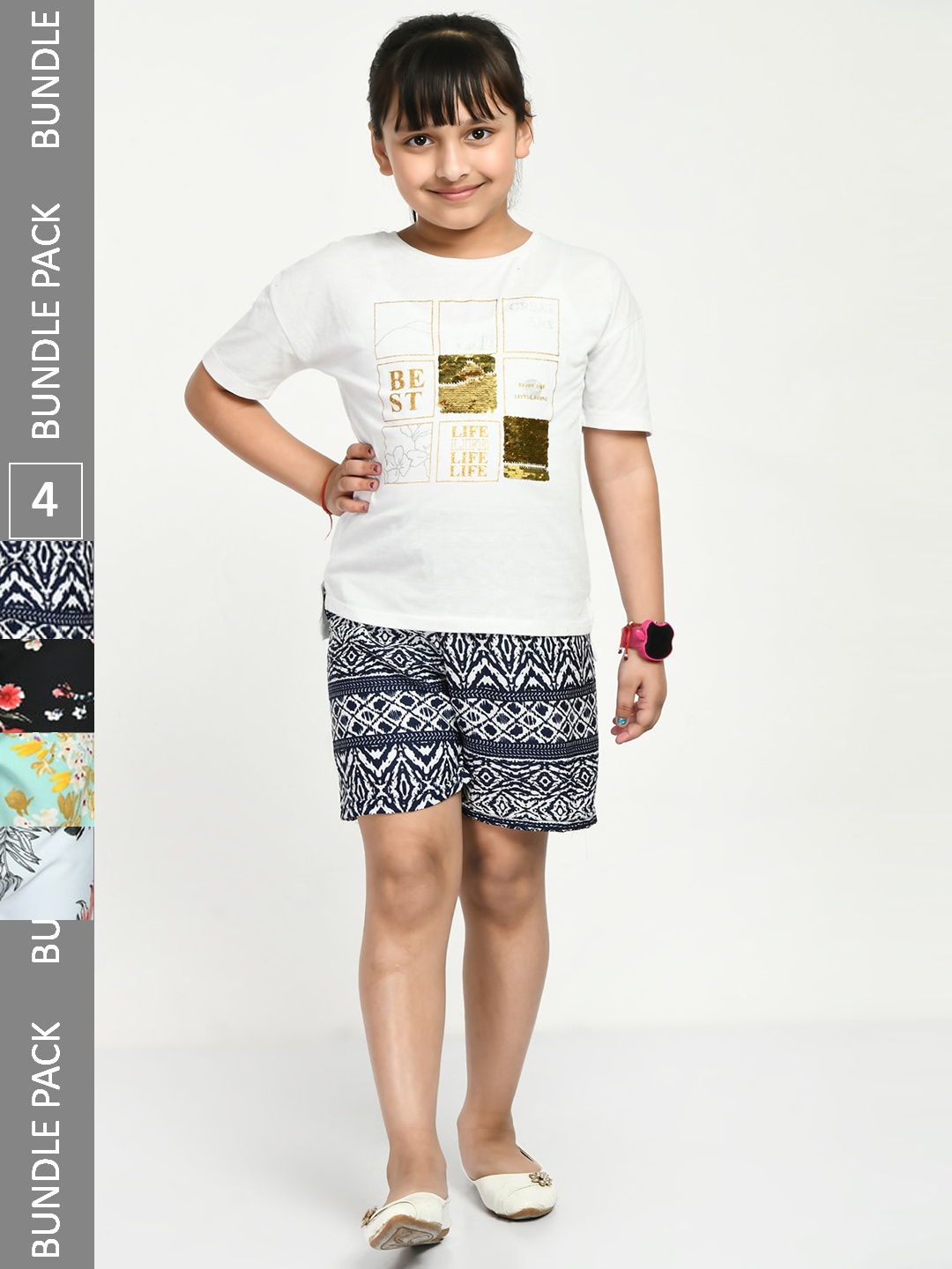 

IndiWeaves Girls Pack of 4 Printed High-Rise Shorts, Navy blue