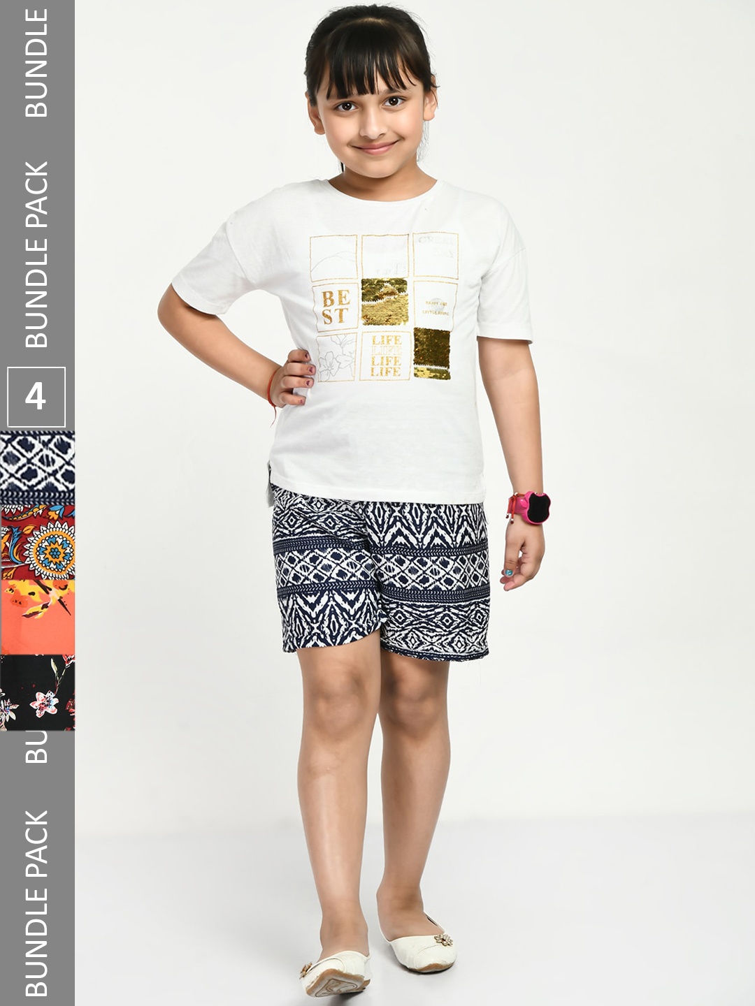 

IndiWeaves Girls Pack Of 4 Printed High-Rise Crepe Shorts, Navy blue