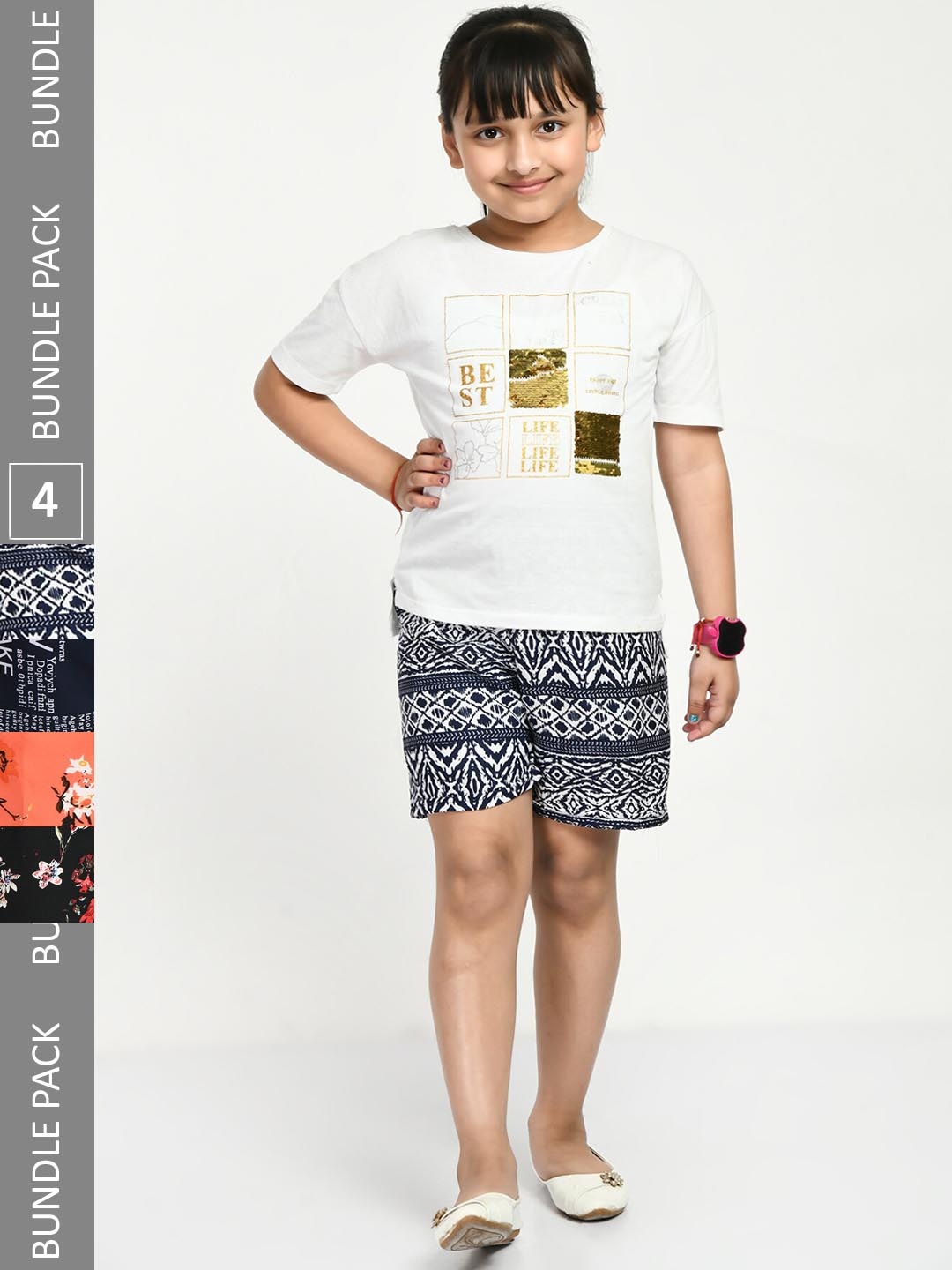 

IndiWeaves Girls Pack of 4 Printed High-Rise Shorts, Navy blue