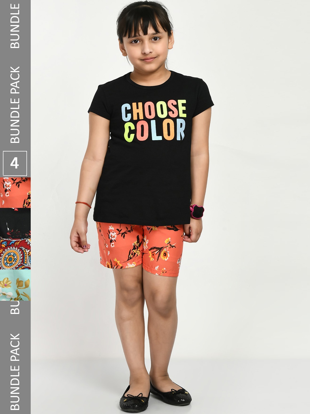 

IndiWeaves Girls Pack Of 4 Printed High-Rise Shorts, Orange