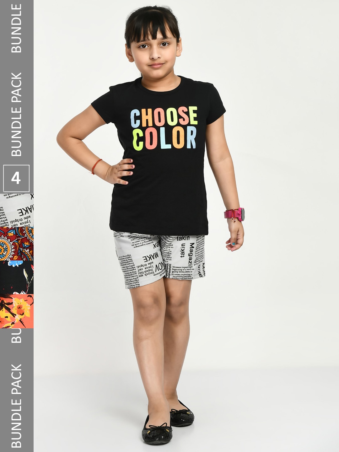 

IndiWeaves Girls Pack Of 4 Graphic Printed Mid-Rise Shorts, Orange
