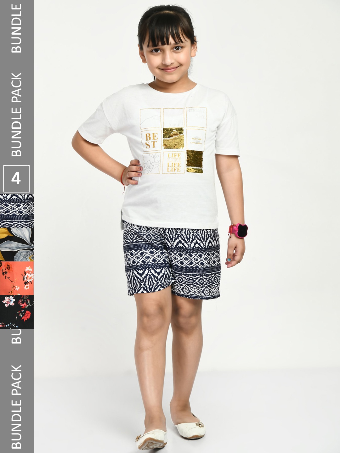 

IndiWeaves Girls Pack Of 4 Printed High-Rise Shorts, Black