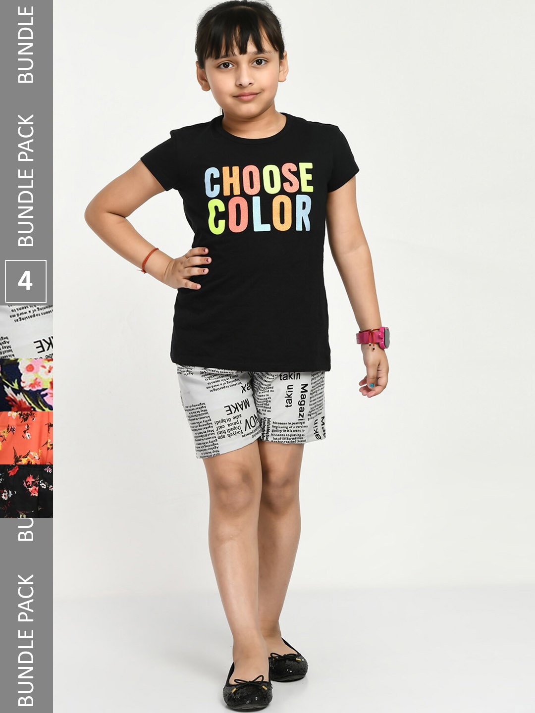 

IndiWeaves Girls Pack Of 4 Typography Printed High-Rise Shorts, Grey