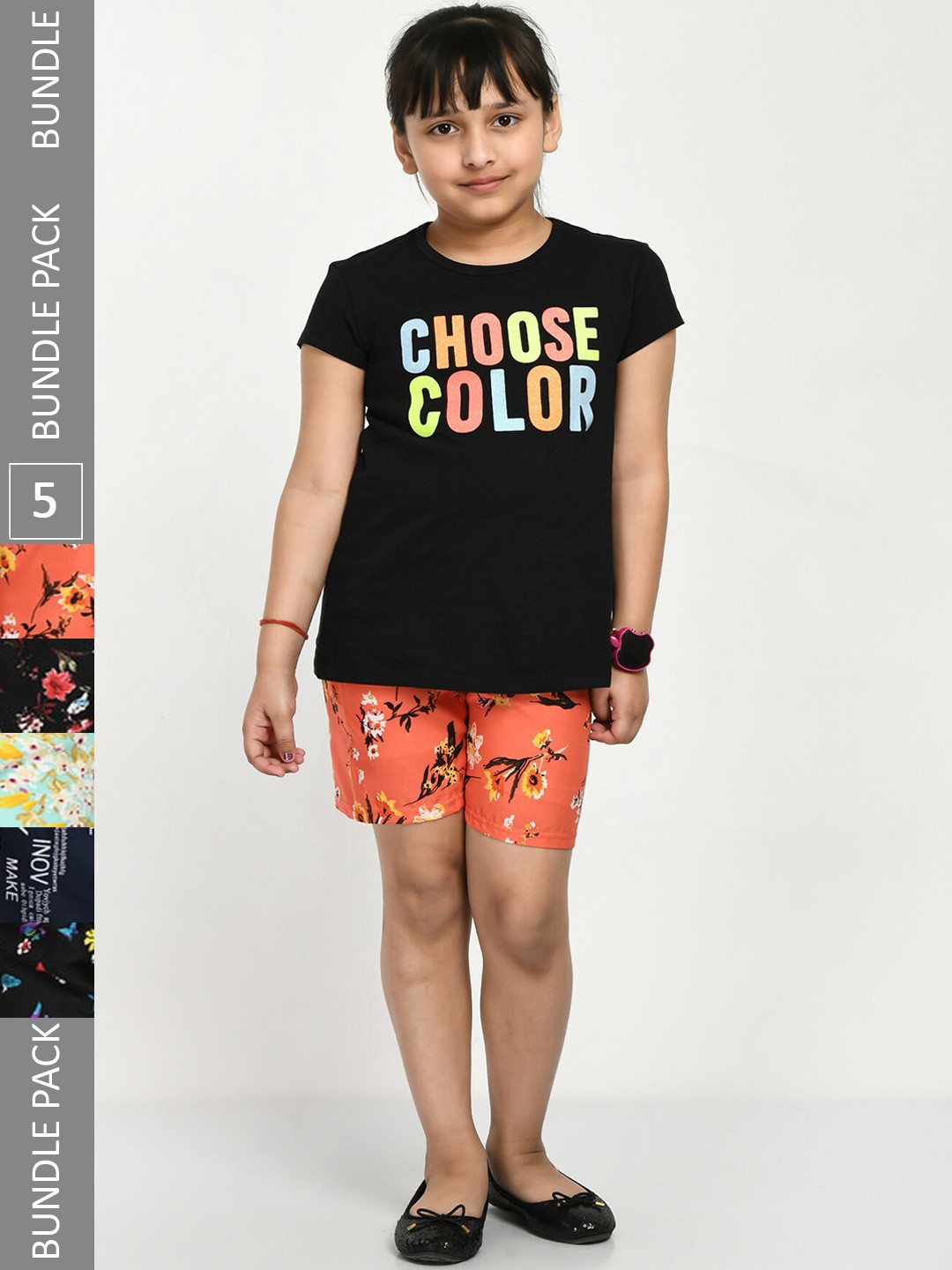 

IndiWeaves Girls Pack Of 5 Printed Mid-Rise Shorts, Orange