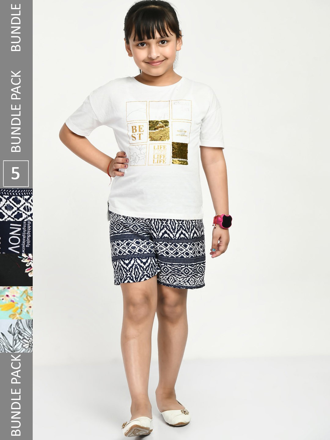 

IndiWeaves Girls Pack Of 5 Printed High-Rise Shorts, Black