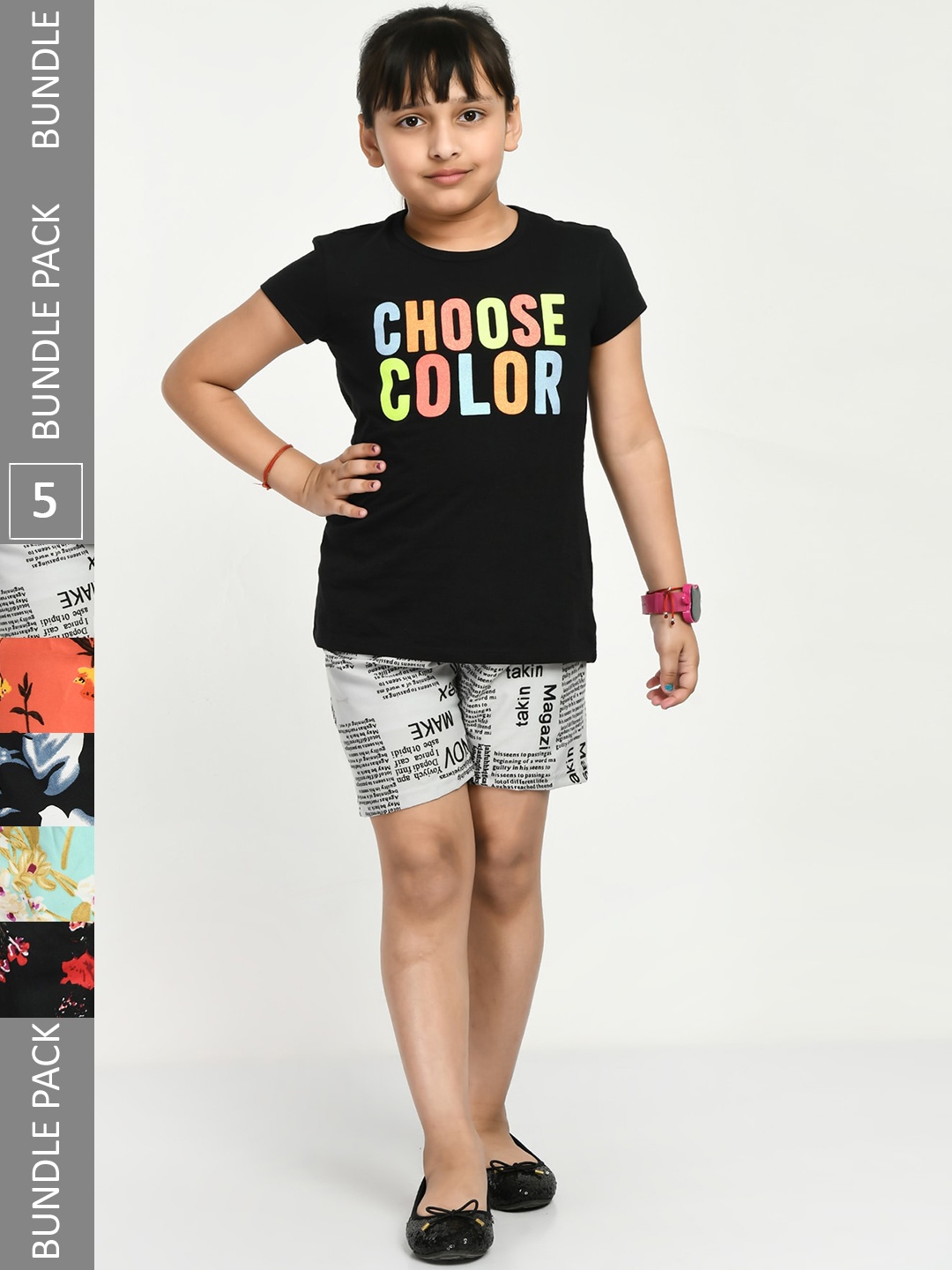 

IndiWeaves Girls Pack Of 5 Printed High-Rise Shorts, Black