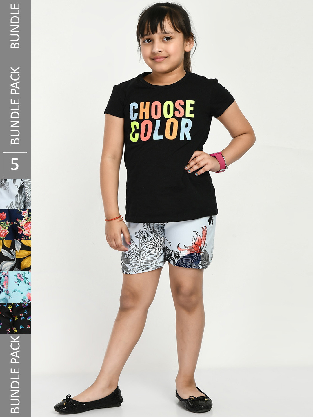 

IndiWeaves Girls Pack Of 5 Graphic Printed Mid-Rise Shorts, Black