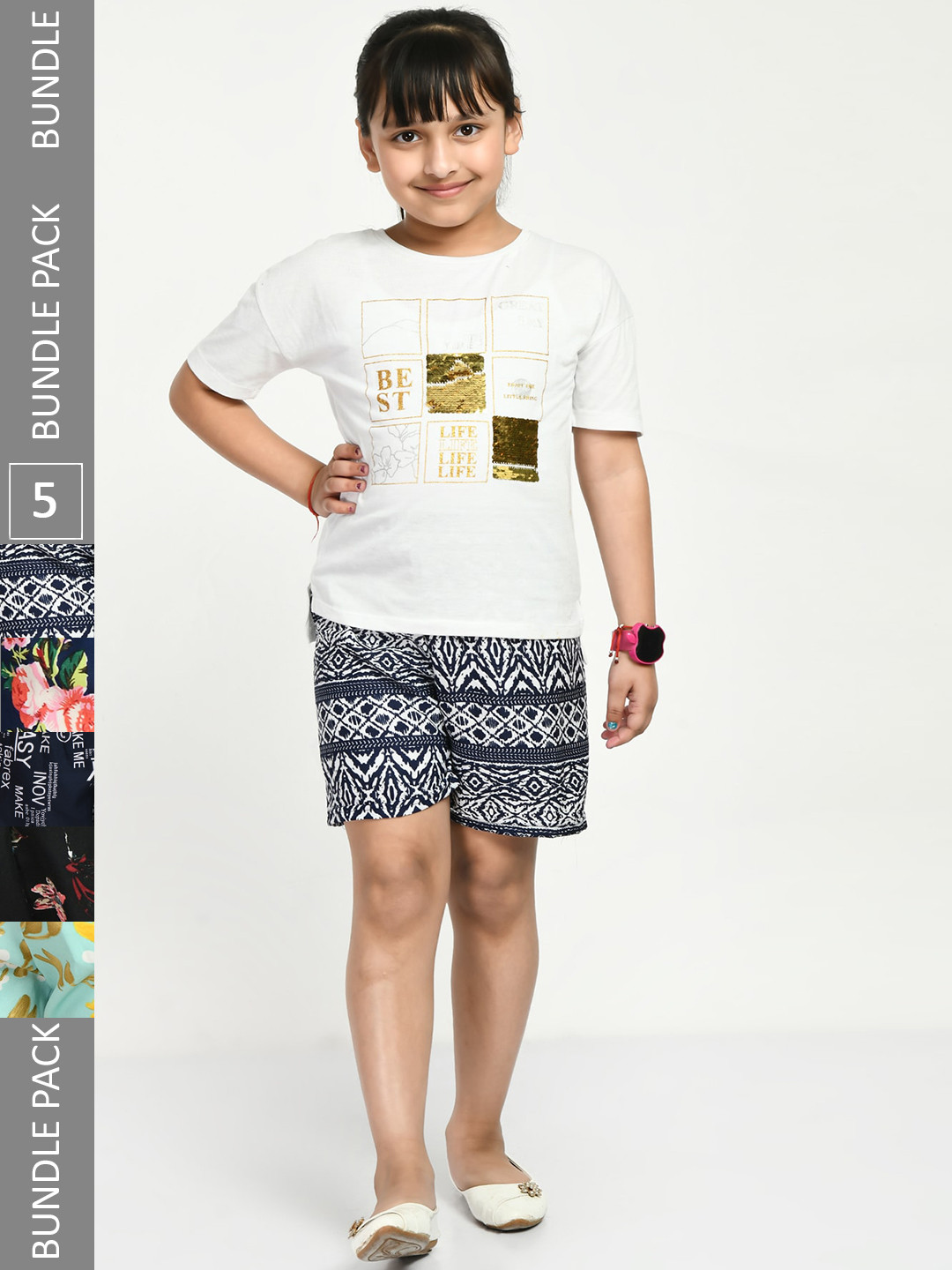 

IndiWeaves Girls Pack Of 5 Printed High-Rise Shorts, Black