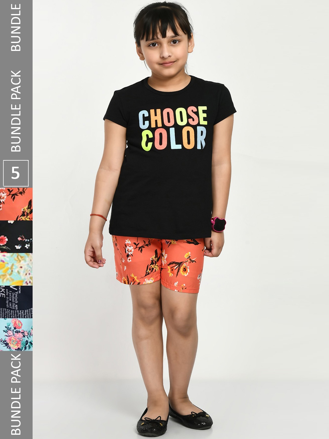 

IndiWeaves Girls Pack Of 5 Floral Printed High-Rise Shorts, Orange