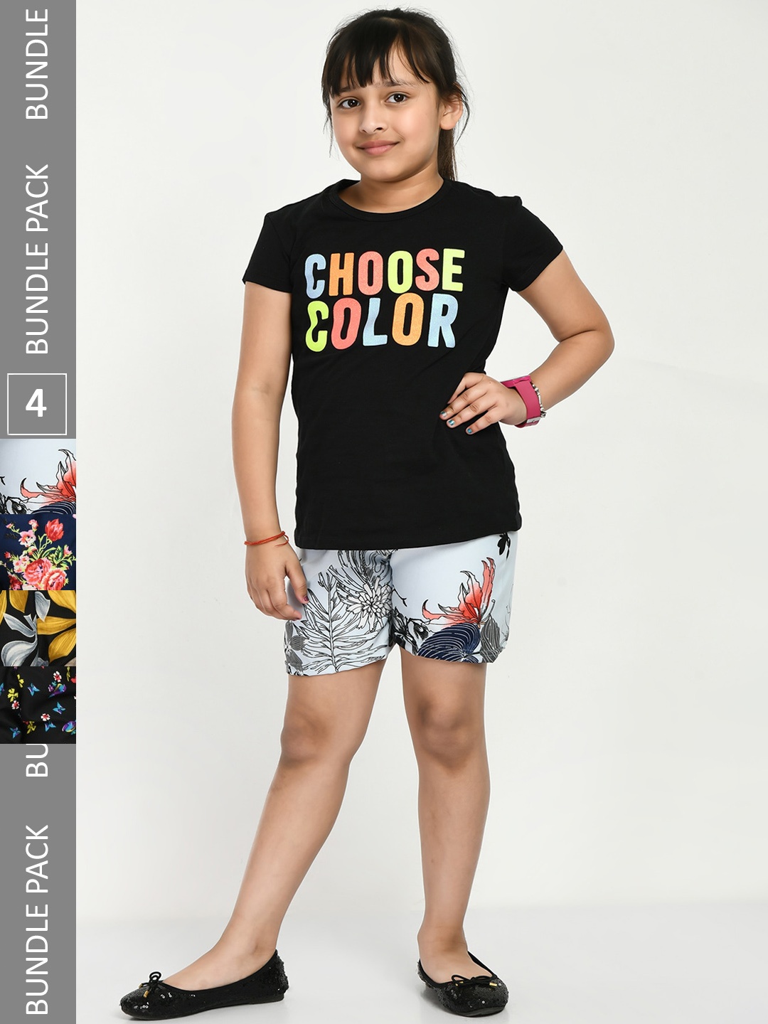 

IndiWeaves Girls Pack Of 4 Printed High-Rise Shorts, Navy blue