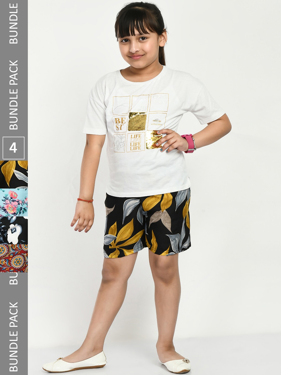 

IndiWeaves Girls Pack Of 4 Printed High-Rise Crepe Shorts, Black