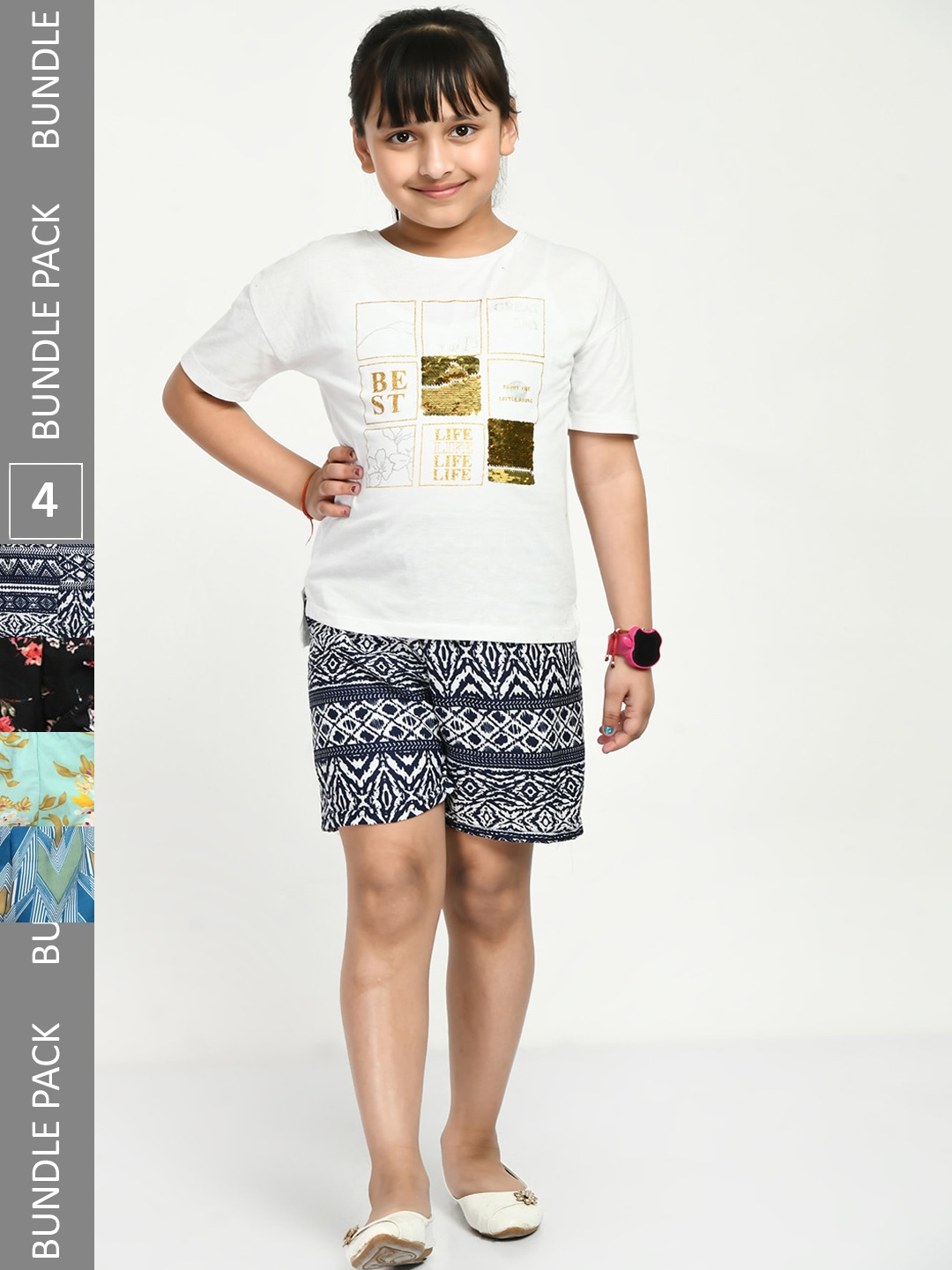

IndiWeaves Girls Pack Of 4 High-Rise Floral Printed Crepe Shorts, Black