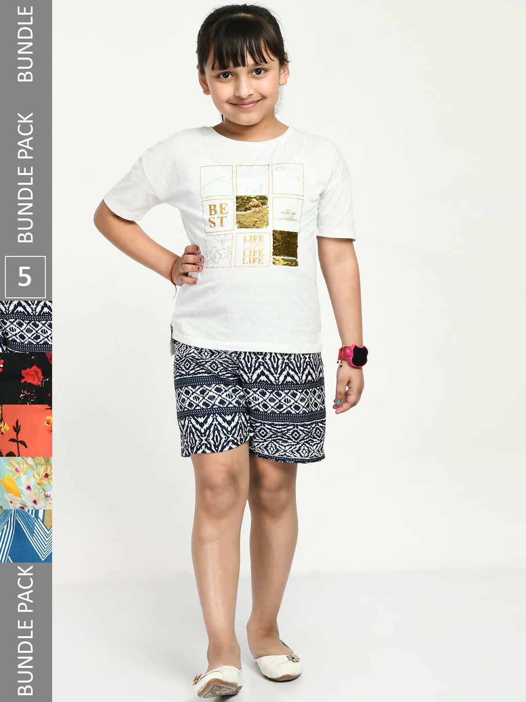

IndiWeaves Girls Pack Of 5 Printed High-Rise Crepe Shorts, Navy blue