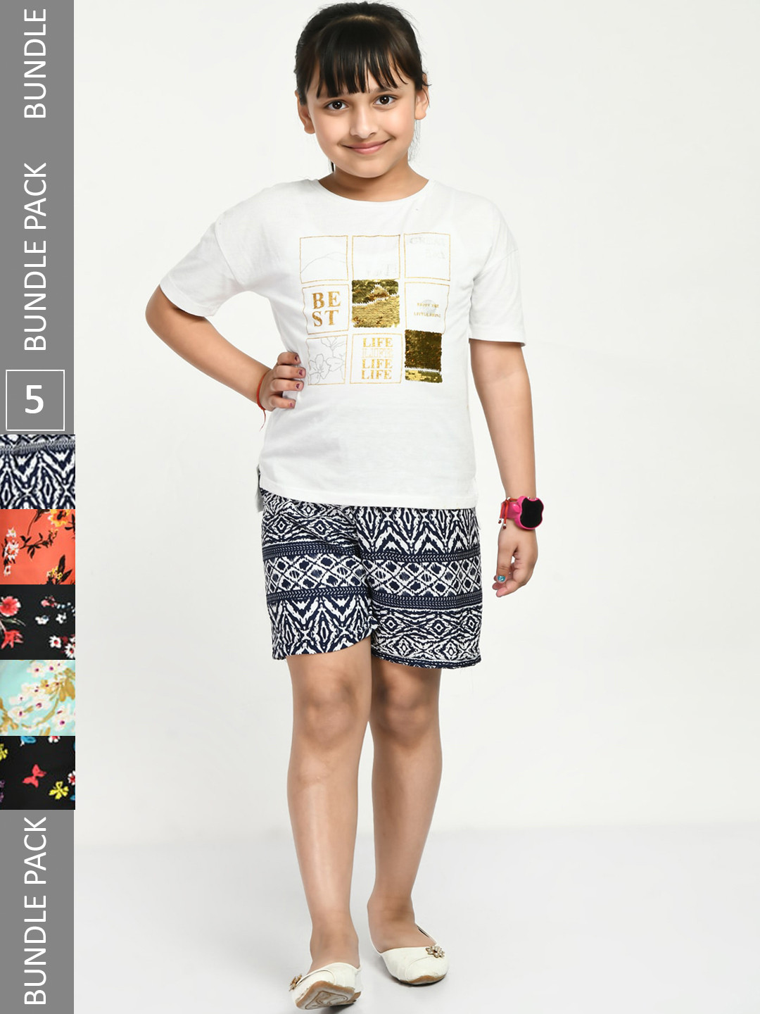 

IndiWeaves Girls Pack Of 5 Printed High-Rise Shorts, Navy blue