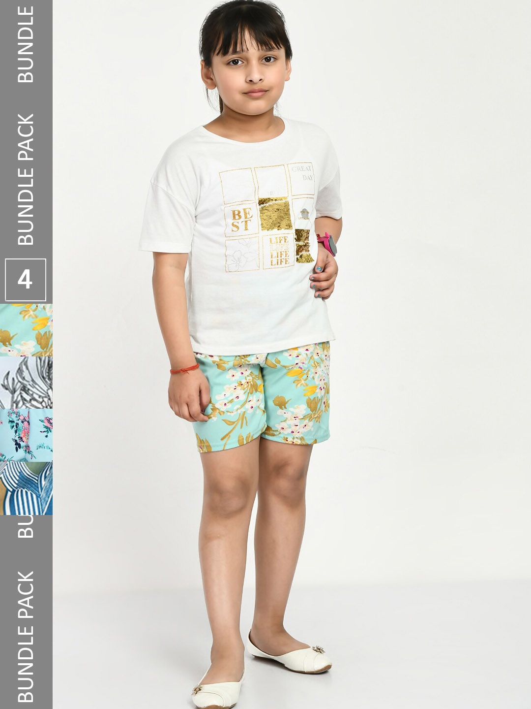 

IndiWeaves Girls Pack Of 4 Printed Mid-Rise Shorts, Green