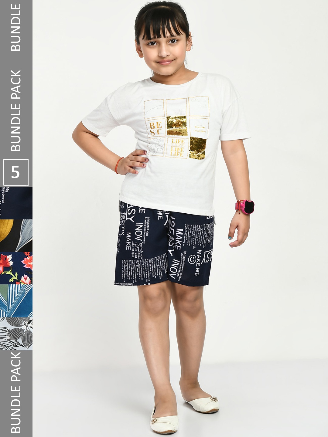 

IndiWeaves Girls Pack Of 5 Floral Printed High-Rise Shorts, Black