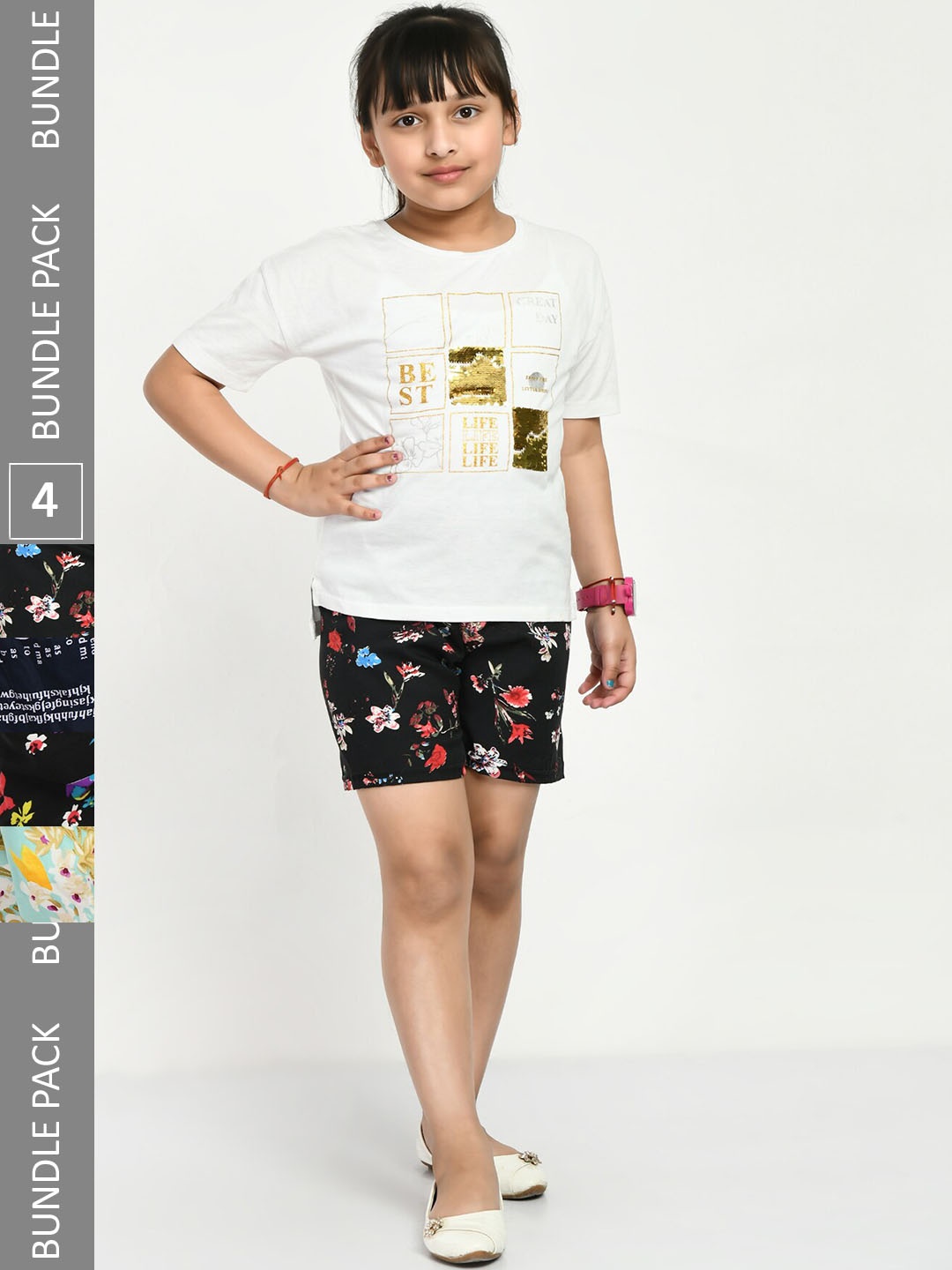 

IndiWeaves Girls Pack Of 4 Floral Printed High-Rise Shorts, Black