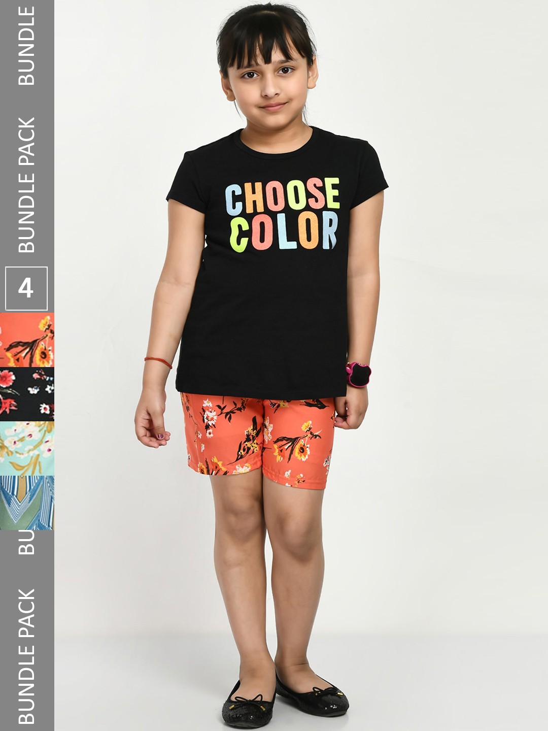 

IndiWeaves Girls Pack Of 4 Printed High-Rise Shorts, Orange
