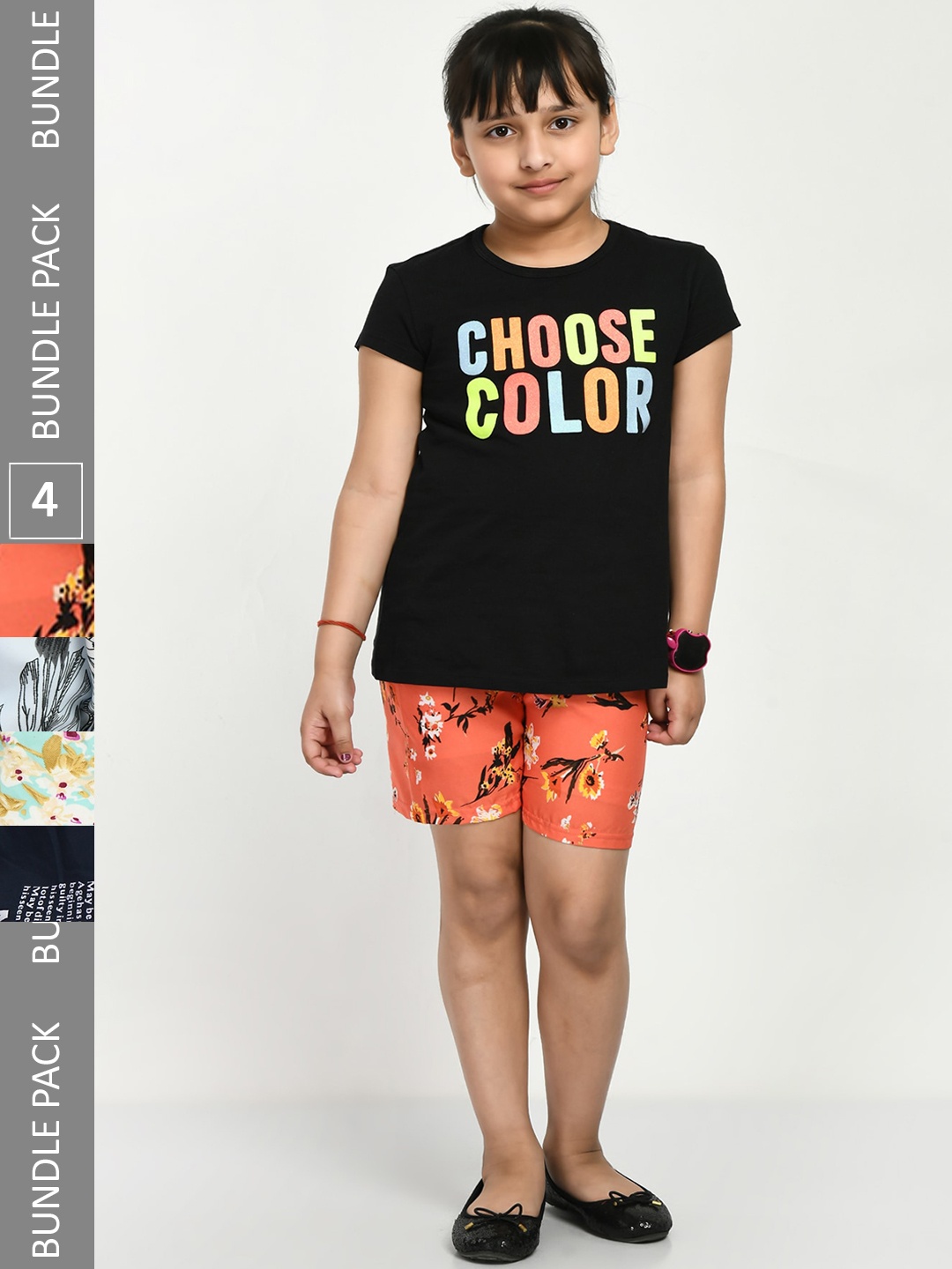 

IndiWeaves Girls Pack Of 4 Printed High-Rise Shorts, Orange