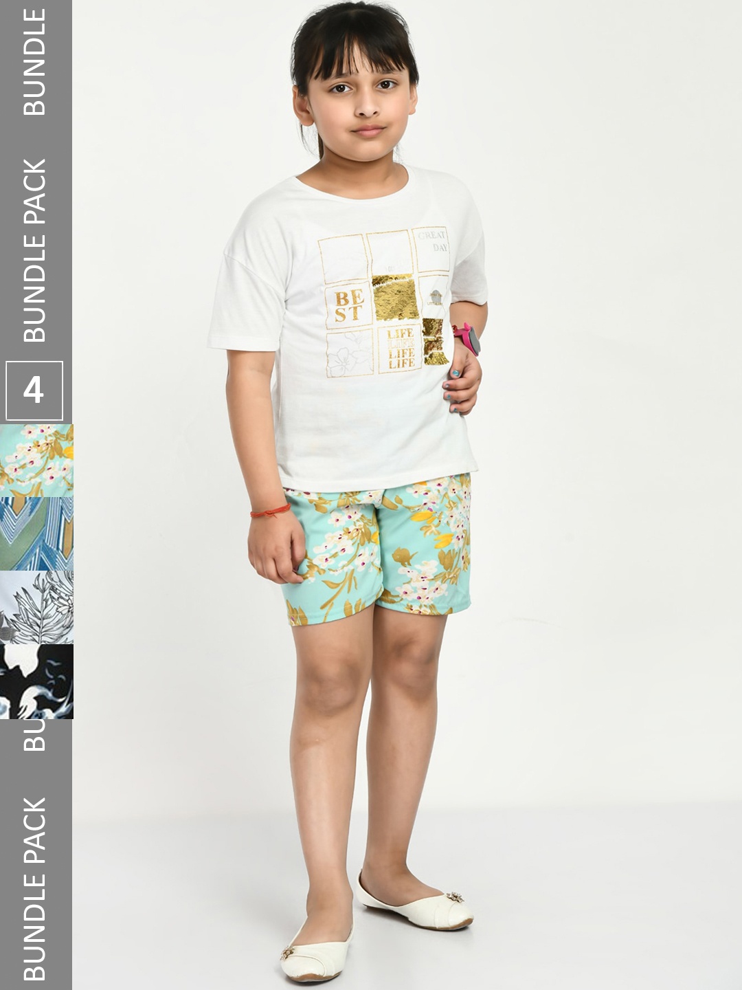 

IndiWeaves Girls Pack Of 4 Floral Printed High-Rise Shorts, Green